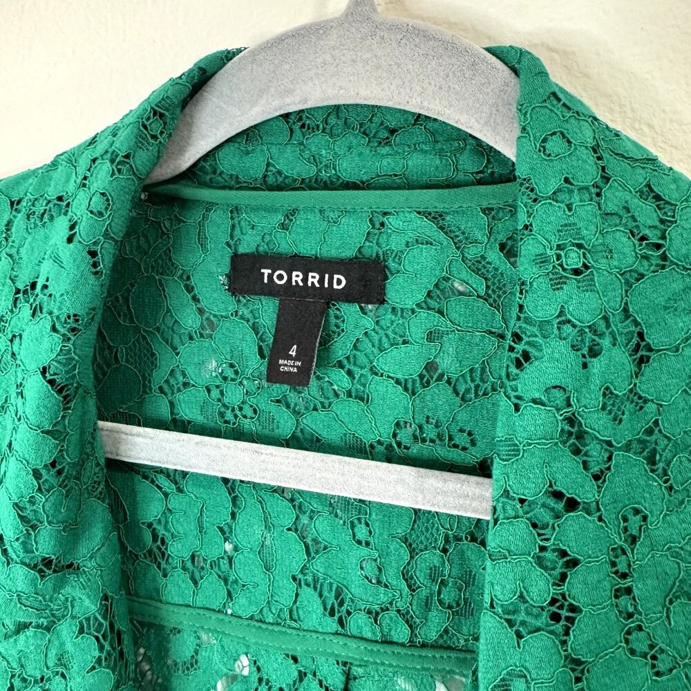 Torrid Floral Lace Trench Coat Duster Cardigan Size 4 / 4X Kelley Green Jacket - Picture 11 of 16